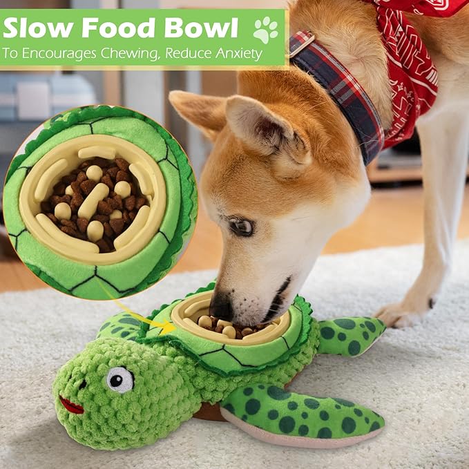 Interactive Dog Toy, Green Turtle Plush with Slow Feeder Bowl, Squeaky Chew Toy