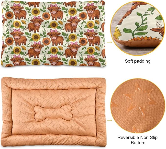 Dog Bed for Crate Washable Pet Sleep Pad, Highland Cow Kennel Mat with Non-Slip Bottom, Soft Fluffy Supplies Pet for Dogs and Cats (36x24 inch)