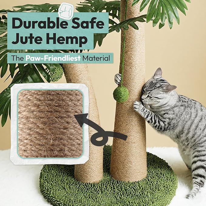Cat Scratching Post 33 Inch Double Post Support with Hanging Balls, Cat Scratcher for Indoor Kittens, Extra Stable Base, Paw-Friendly Jute Material M