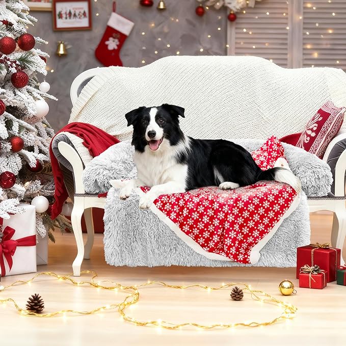 GGIB Calming Dog Bed Christmas Throw Blanket Fluffy Plush Dog Mat Furniture Protector Decoration Holiday Throw for Sofa Couch Cover for Large Medium Small Dogs Cats (Large, Light Grey)