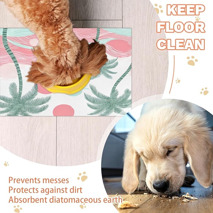 Palm Trees Dog Food Mat for Floors Absorbent, Quick Dry Water Dispenser Mat for Food, Water, Pet Supplies 12" x 20", Watercolor Sun