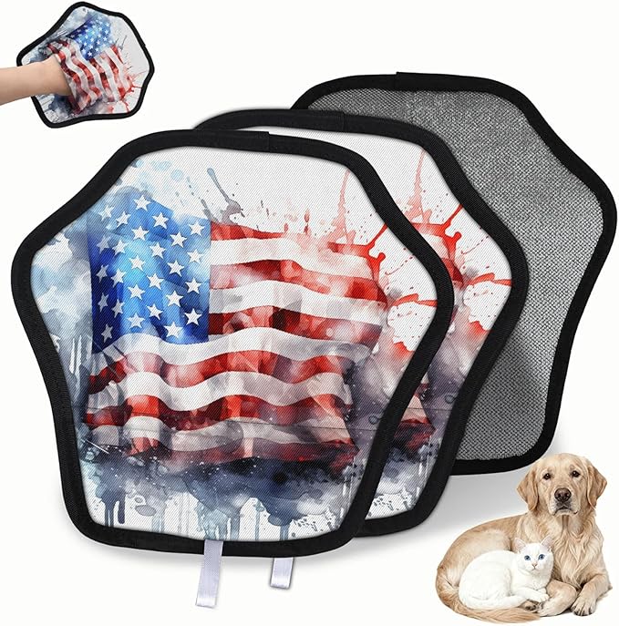 Watercolor Stars Stripes Electrostatic Pet Hair Removal Glove for Cats & Dogs - Reusable Grooming Mitt for Couch, Carpet, Car Seat & Laundry - Large 9x9 Inch