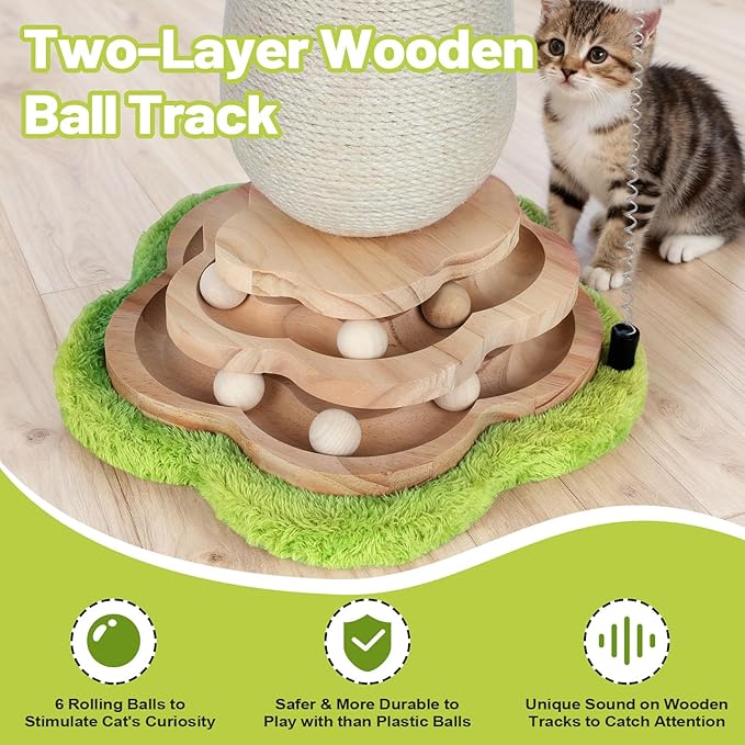 Mushroom Cat Scratching Post Cat Tree, Cute Cat Scratcher Tower with Interactive Ball Two-Layer Track Spring Ball Toys, Mushroom Scratch Post Cat Sisal Scratcher with Catnip for Indoor Cats