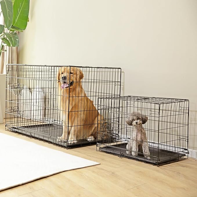 Sweetcrispy Dog Crate, 48 Inch Double Door Folding Metal Wire Dog Cage with Plastic Leak-Proof Pan Tray, Extra Large Pet Kennel for Indoor, Outdoor, Travel