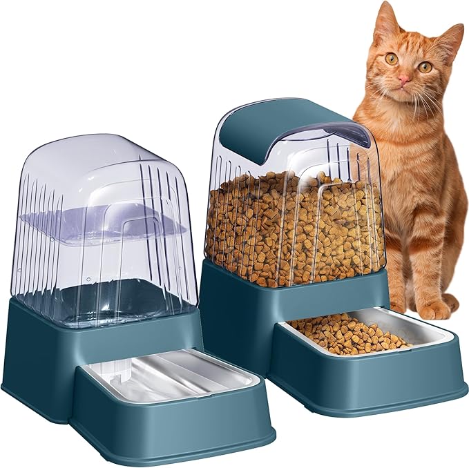 Automatic Dog and Cat Food Feeder and Water Dispenser Set with Stainless Steel Bowls,Gravity Pet Food and Water Feeders,100% BPA-Free,Large Capacity for Cats Dogs Pets