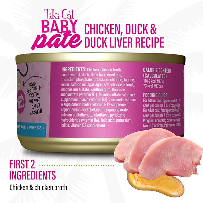 Tiki Cat Baby Pate, Wet Cat Food, Chicken, Duck & Duck Liver, 2.4 oz. Can (12 Count)