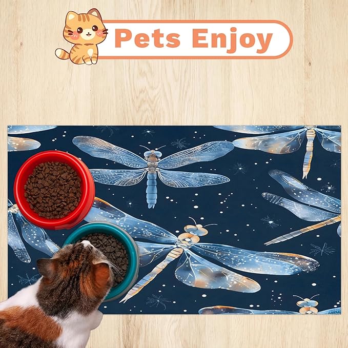 Boho Dragonfly Dog Food Mat for Floors Absorbent, Quick Dry Water Dispenser Mat for Food, Water, Pet Supplies 17" x 30", Galaxy Star