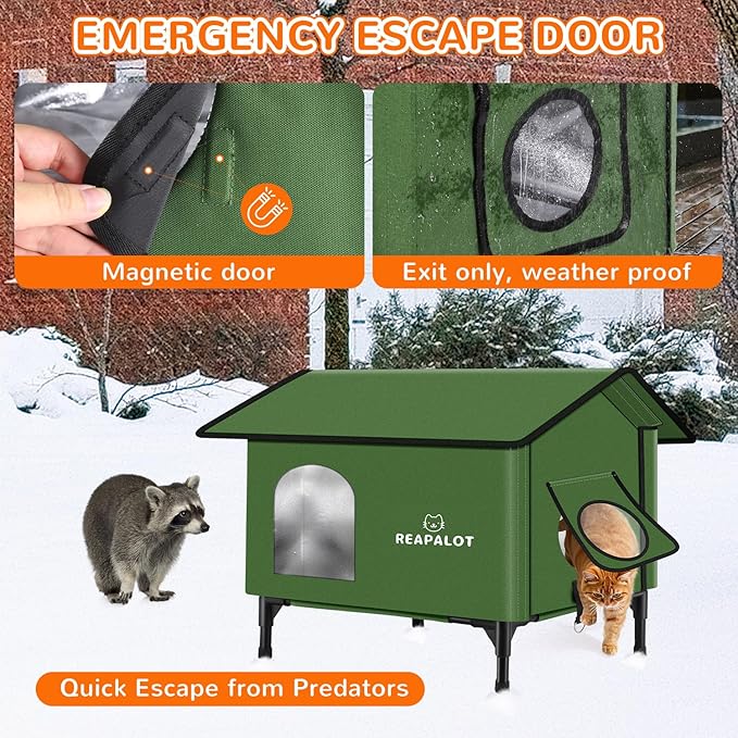 REAPALOT Heated Cat House for Outside Cat in Winter, Insulated Outdoor Feral Cat Shelter with Cat Heating Pad, Elevated Heated Kitty House for Multiple Cats (Green, L(24.4"x16.9"x24.4"))