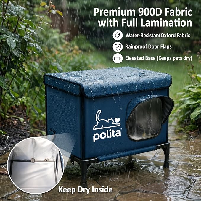 Polita Indestructible Heated Cat House for Outdoor Cats All Seasons, Extremely Insulated & 100% Weatherproof, Elevated Feral Cat Shelter with Waterproof Eaves &Safe Escape Door for Stray & Barn Cats