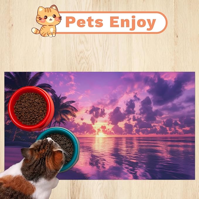 Hawaiian Sunset Dog Food Mat for Floors Absorbent, Quick Dry Water Dispenser Mat for Food, Water, Pet Supplies 17" x 30", Beach