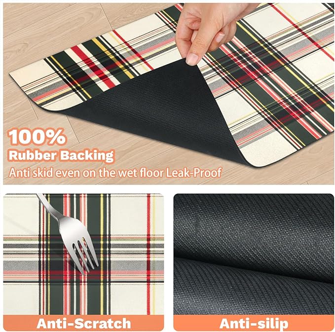Tartan Plaids Dog Food Mat for Floors Absorbent, Quick Dry Water Dispenser Mat for Food, Water, Pet Supplies 16" x 24", Green White Check