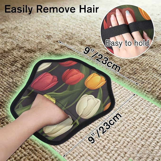 Flower Tulip Theme Electrostatic Pet Hair Removal Glove for Cats & Dogs - Reusable Grooming Mitt for Couch, Carpet, Car Seat & Laundry - Large 9x9 Inch