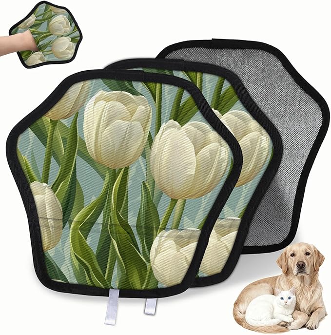 Floral Tulip Print Electrostatic Pet Hair Removal Glove for Cats & Dogs - Reusable Grooming Mitt for Couch, Carpet, Car Seat & Laundry - Large 9x9 Inch