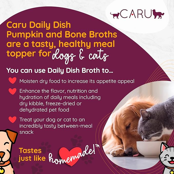 Caru - Daily Dish Beef Bone Broth - Meal Topper for Dogs & Cats - Supports Overall Pet Health - Pour-Over Broth for Wet/Dry Food - Human Grade Ingredients - Non-GMO - Made in USA - 12 Pack