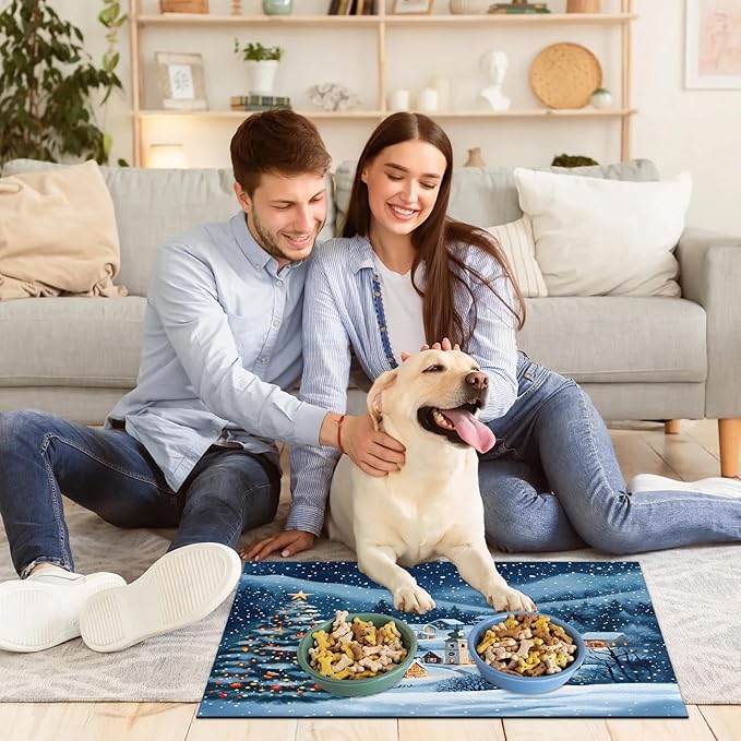 Snowy Countryside Dog Food Mat for Floors Absorbent, Quick Dry Water Dispenser Mat for Food, Water, Pet Supplies 12" x 20", Merry Christmas