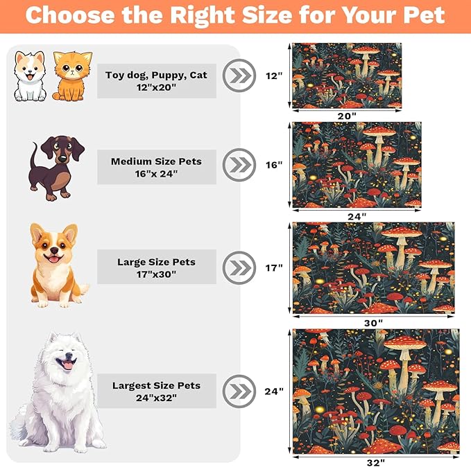 Red Mushroom Dog Food Mat for Floors Absorbent Dog Bowl Mat for Food and Water Dispenser Quick Dry Cat Food Placemat Pet Supplies 12" x 20", Green Leaf