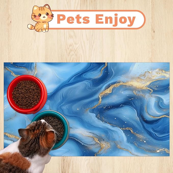 Marble Dog Food Mat for Floors Absorbent, Quick Dry Water Dispenser Mat for Food, Water, Pet Supplies 12" x 20", Blue Abstract