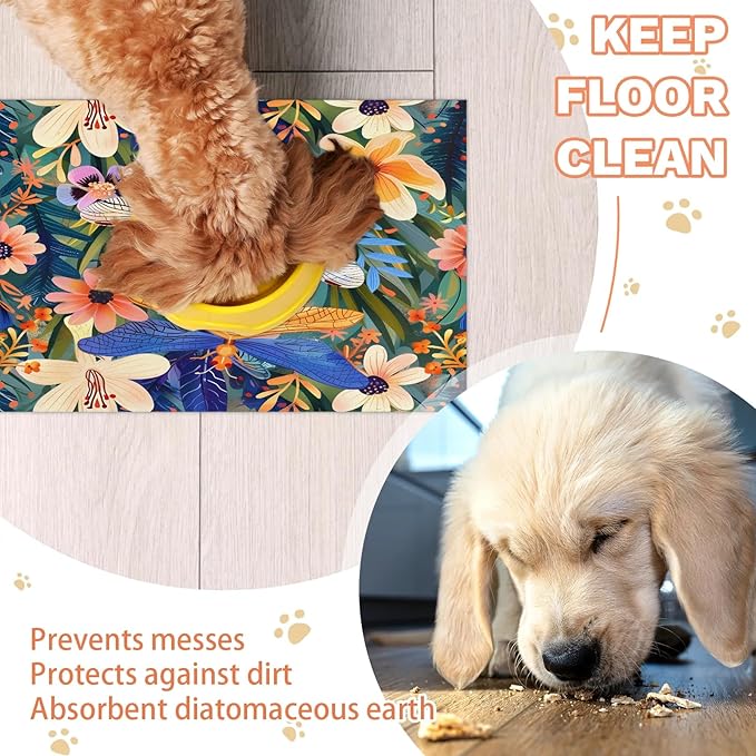 Floral Dragonfly Dog Food Mat for Floors Absorbent, Quick Dry Water Dispenser Mat for Food, Water, Pet Supplies 24" x 32", Wildflower Plant
