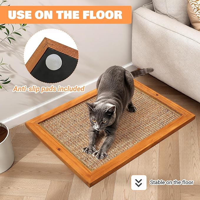 Extra Large Wall Mounted Cat Scratching Post, Wooden Sisal Panel Scratcher, Natural Wood Frame with Durable Sisal Rope Surface for Cats, Protects Furniture from Scratching