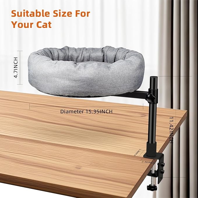 Desk nest cat Bed，cat Bed for Desk Attachment with Soft and Thick Cushions ，Rotation & Adjustable Height -Cats Up to 45 lbs (Grey) ，Cat Bed Desk attachmen for Home Office