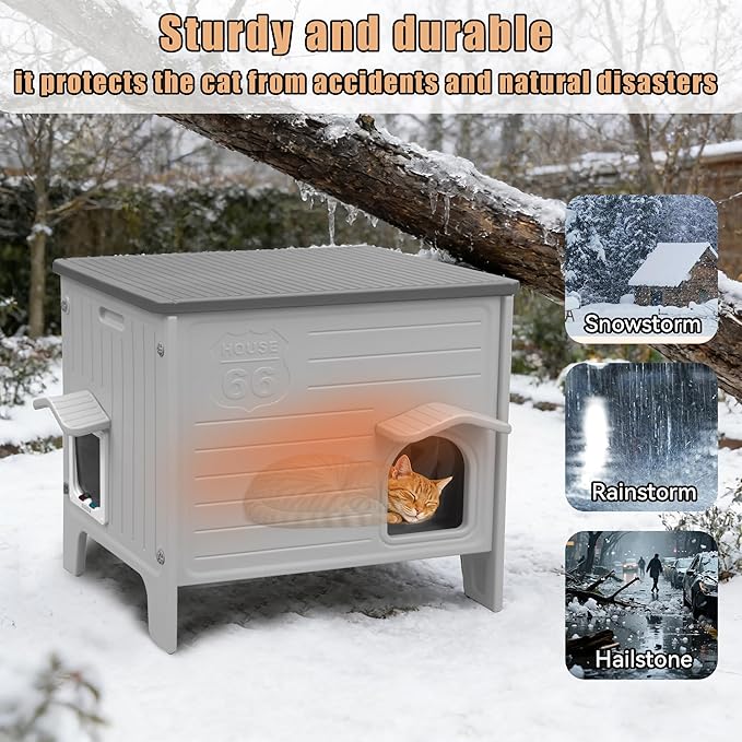 Heated Cat House for Outside with Insulated Liner,Outdoor Cat House Weatherproof,Plastic,Easy to Assemble Easy to Clean