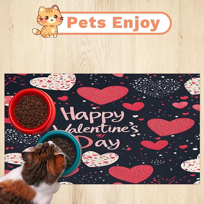 Happy Valentine Dog Food Mat for Floors Absorbent, Quick Dry Water Dispenser Mat for Food, Water, Pet Supplies 24" x 32", Love Heart