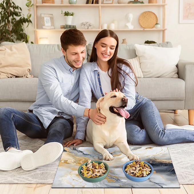 Grey Marble Dog Food Mat for Floors Absorbent, Quick Dry Water Dispenser Mat for Food, Water, Pet Supplies 17" x 30", Gold Abstract