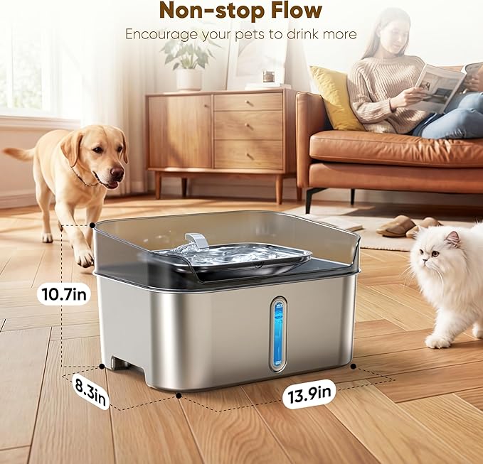 No Spill Dog Water Fountain Stainless Steel for Large Dogs, 8L/2.1Gal Ultra Quiet Pet Water Fountain for Cats Dogs Indoor, Automatic Dog Water Bowl Dispenser for Large to Medium Multiple Pets