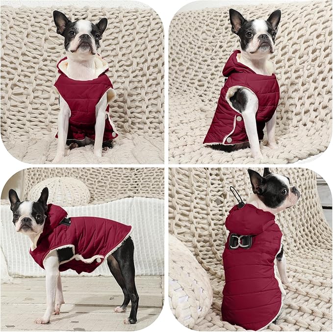 Fleece Lining Dog Hoodie with Harness Built in,Extra Warm Medium Dog Jacket in Winter Doggie Coats with Drawstring Hooded,Red XL