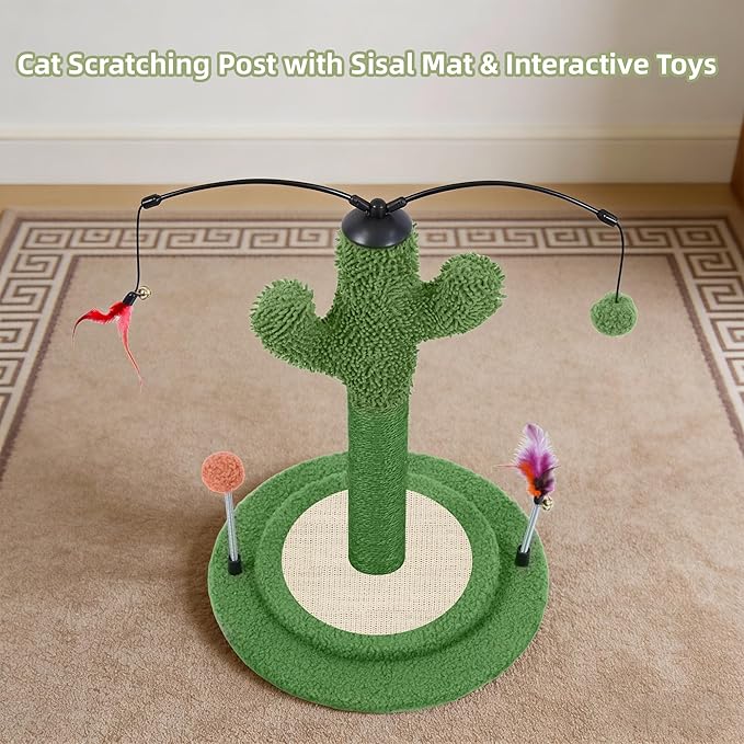 YUNIQUE Cactus Cat Scratching Post with Sisal Rope, Small Cat Tree with Dangling Balls & Feather for Kittens (Green, 22.8'')