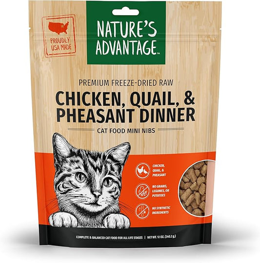 Nature's Advantage Freeze-Dried Raw Chicken, Quail, & Pheasant Dinner Cat Food Mini Nibs, 12 oz | Grain Free, High Protein Nutrition