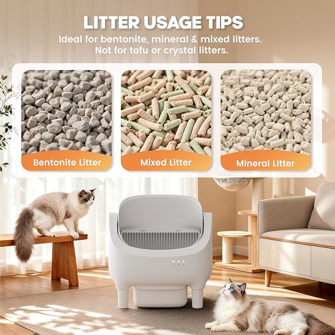 Greesum Self Cleaning Cat Litter Box – Automatic Open-Top Smart Litter Box with App Control, 15L Odor-Sealed Waste Bin, Ultra Quiet 35dB, Multi-Cat & Large Cat Compatible, with Trash Bags & Mat