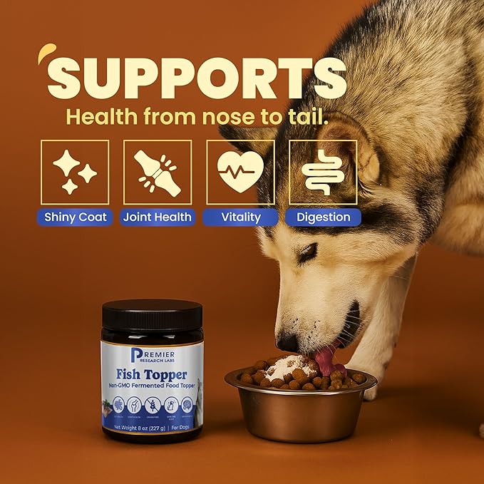 Premier Research Labs Fish Topper - Dried Dog Food Topper for Pets, Meal Mix Ins for Kibble, Supports Gut & Joint Health, Natural Source of Protein, Fermented, Grain Free, Non GMO - 16 oz