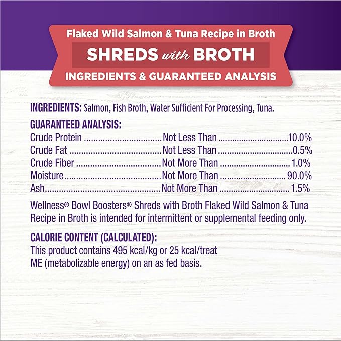 Wellness Bowl Boosters Wet Cat Food Topper, Grain Free, Natural, Flaked Salmon & Tuna Recipe in Broth, 1.75 Ounce Pouch (Pack of 12)