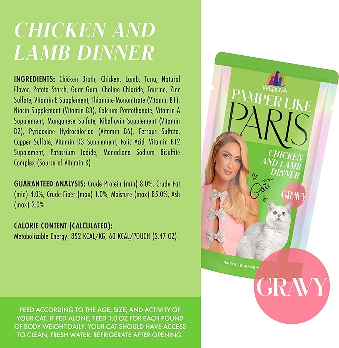 Weruva Paris Hilton Pamper Like Paris Wet Cat Food, Chicken and Lamb in Gravy, 2.47oz Pouch, Pack of 12