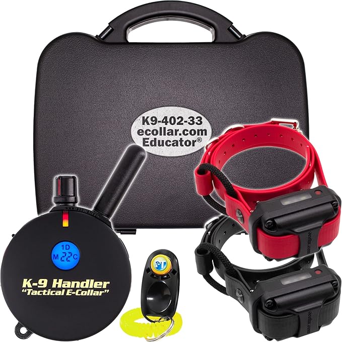 Educator K9-402 Two Dogs K9 Handler Professional E-Collar Training Collar with Remote - Up to 3/4 Mile Range, Waterproof, Rechargeable, 100 Stimulation Levels, Vibration, Tone, 33-Inch Bungee Collar