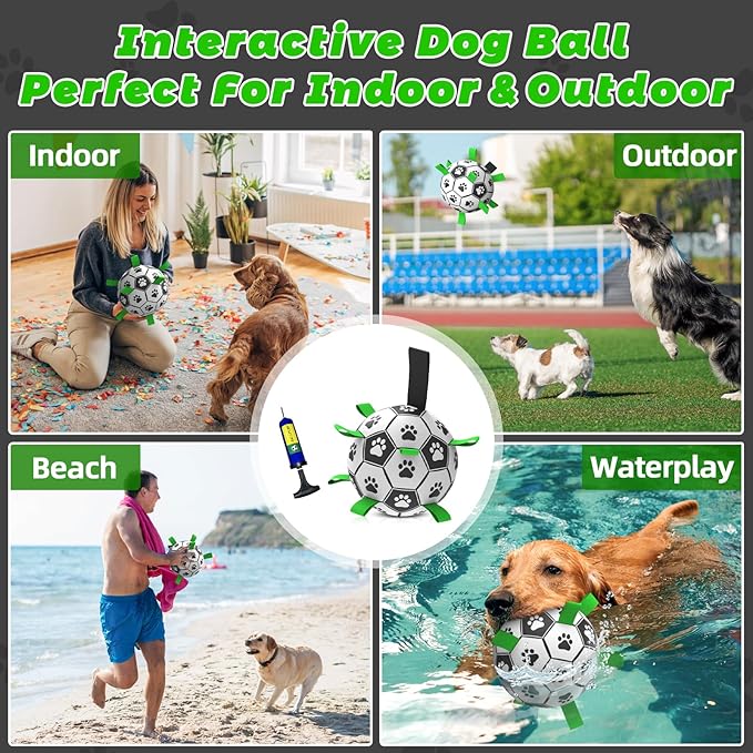 QDAN Dog Toys for Small Medium Puppy, Soccer Ball for Dogs with Straps, Dog Herding Balls, Birthday Toy Gifts, (Black Greem, 6 Inch)