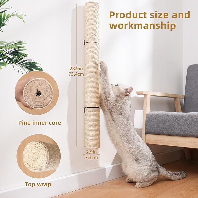 Cat Scratching Post, Wall-Mounted Scratching Post, Sisal Cat Scratcher, 28.91in Cat Scratchers for Indoor Cats