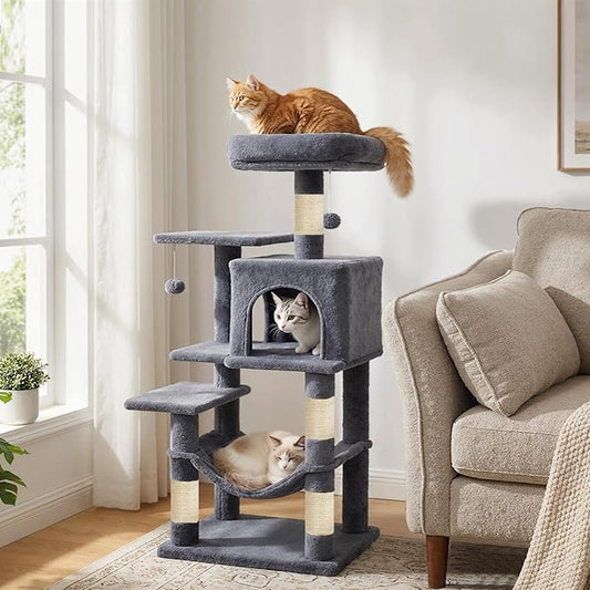 Tangkula Cat Tree Tower, 44 Inch Multi-Level Cat Tower with Sisal Scratching Posts, 2-Door Condo, Padded Top Perch & Hammock, 2 Hanging Balls, Jumping Platforms for Indoor Cats (Gray)