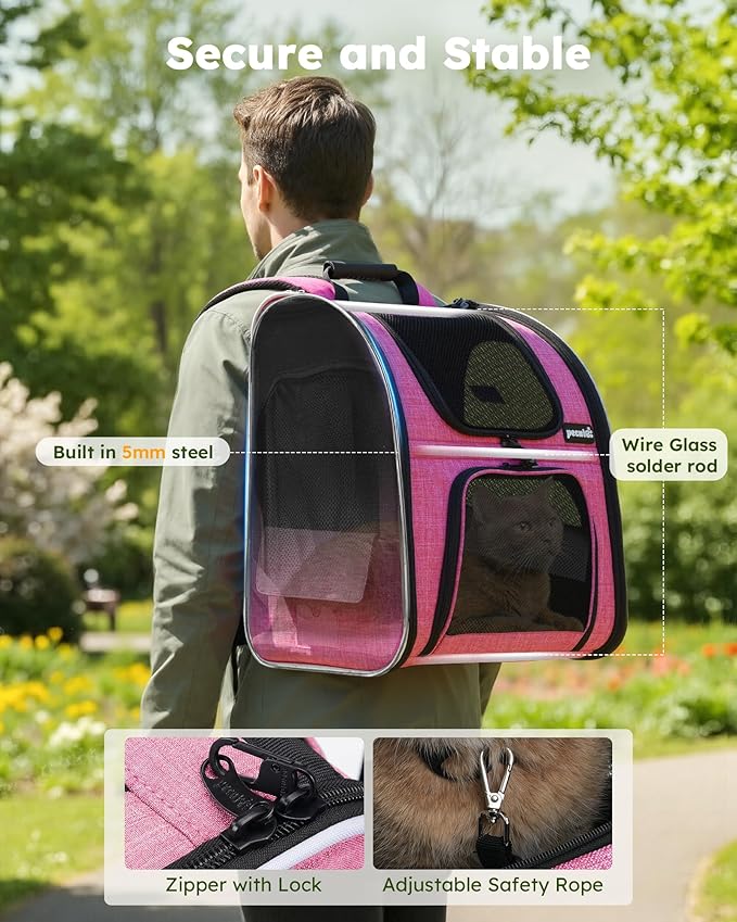 Pecute Cat Backpack Carrier Expandable, Pet Backpack for Cats & Small Dogs Up to 11lbs, with 4-Side Breathable Mesh, Multi-Entry & Lockable Zippers for Travel, Hiking, Camping - Hands Free, Pink