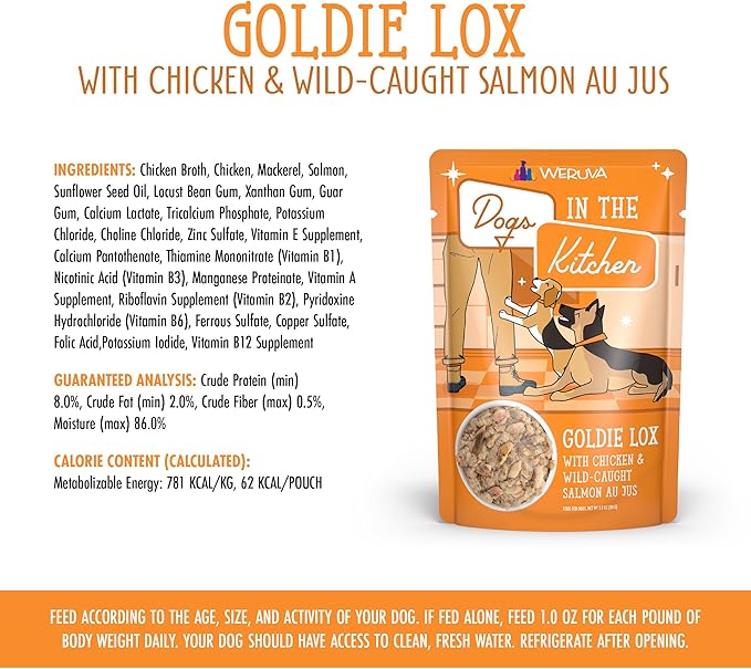 Weruva Dogs in The Kitchen, Goldie Lox with Chicken & Wild-Caught Salmon Wet Dog Food, 2.8oz Pouch (Pack of 12)