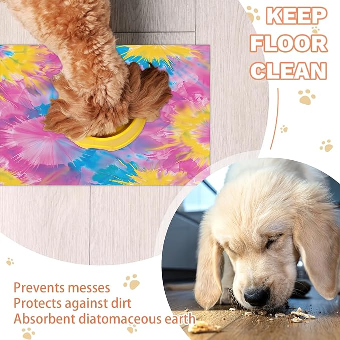 Tie Dye Dog Food Mat for Floors Absorbent, Quick Dry Water Dispenser Mat for Food, Water, Pet Supplies 24" x 32", Pink Yellow Blue