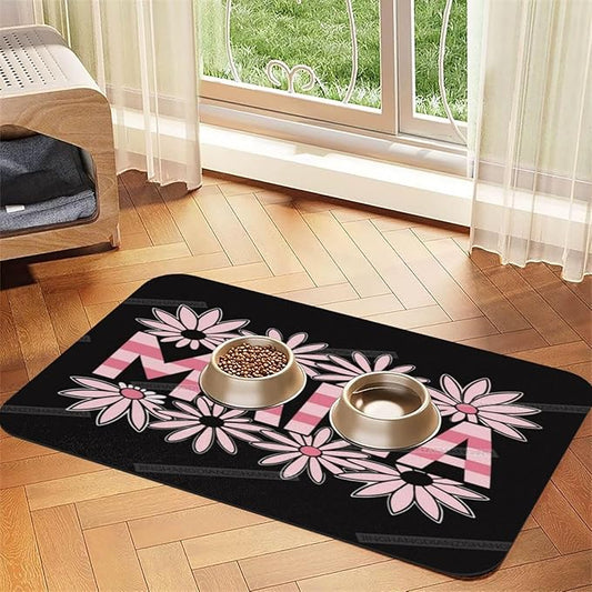 Pet Feeding Mats with Residue Collection Happy Mother's Day Floral Gift for Mom Hy Waterproof Dog Cat Bowl Mat 18X12In with Prevent Water Food Spills
