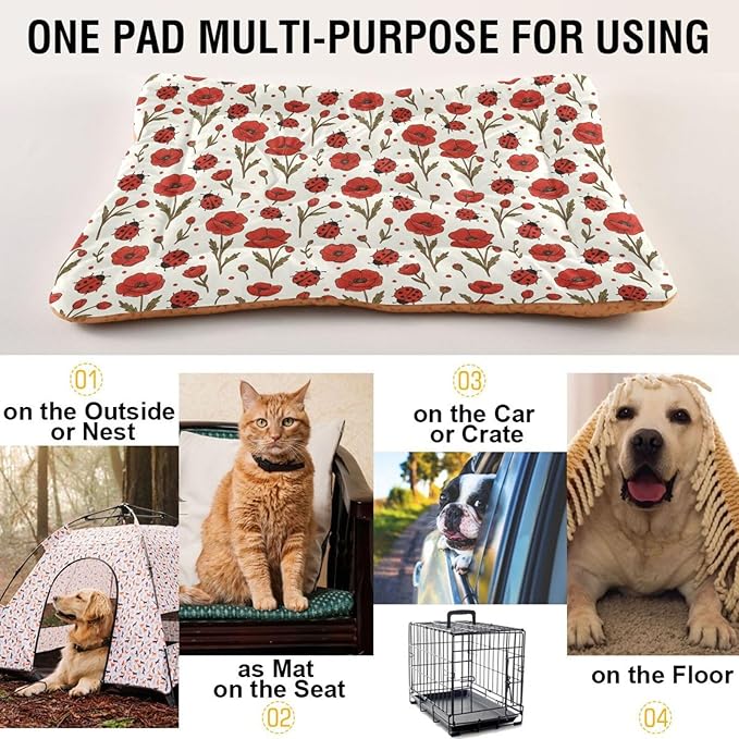 Dog Bed for Crate Washable Pet Sleep Pad, Floral Print Kennel Mat with Non-Slip Bottom, Soft Fluffy Supplies Pet for Dogs and Cats (36x24 inch)