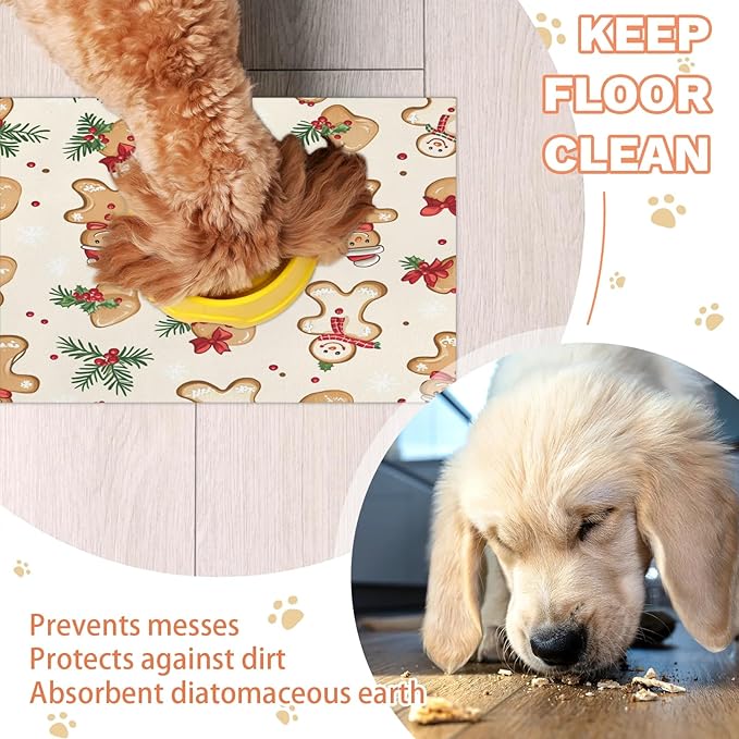 Gingerbread Man Dog Food Mat for Floors Absorbent, Quick Dry Water Dispenser Mat for Food, Water, Pet Supplies 16" x 24", Xmas Holly