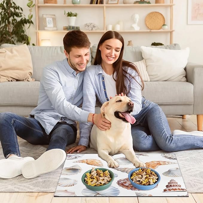 Tropical Seashell Dog Food Mat for Floors Absorbent Dog Bowl Mat for Food and Water Dispenser Quick Dry Cat Food Placemat Pet Supplies 16" x 24", Nautical Coastal