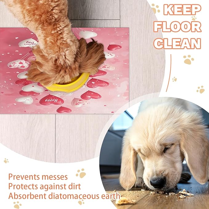 Valentine’s Day Dog Food Mat for Floors Absorbent, Quick Dry Water Dispenser Mat for Food, Water, Pet Supplies 12" x 20", Love Heart Balloons