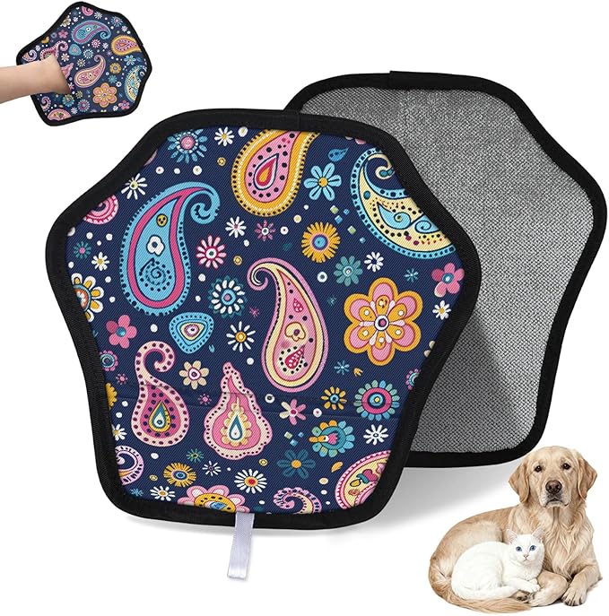 Floral Paisley Print Electrostatic Pet Hair Removal Glove for Cats & Dogs - Reusable Grooming Mitt for Couch, Carpet, Car Seat & Laundry - Large 9x9 Inch