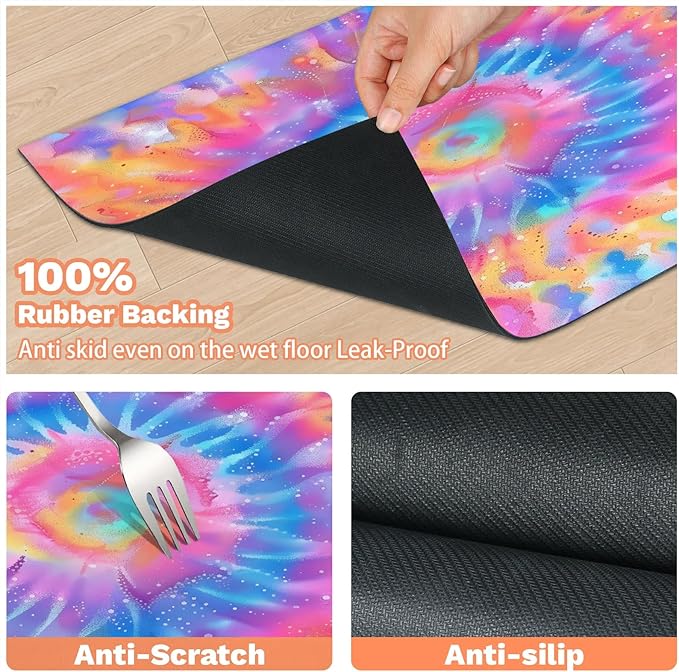 Tie Dye Dog Food Mat for Floors Absorbent, Quick Dry Water Dispenser Mat for Food, Water, Pet Supplies 16" x 24", Pink Purple