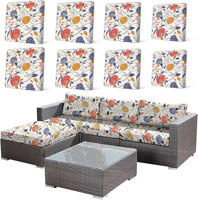 HANDONTIME 8Pcs Outdoor Cushion Covers Waterproof Patio Cushion Covers Boho Stretch Outdoor Couch Cover Replacement Patio Furniture Cover for Pets Sofa Cover Washable (Colorful Boho,Cover Only)